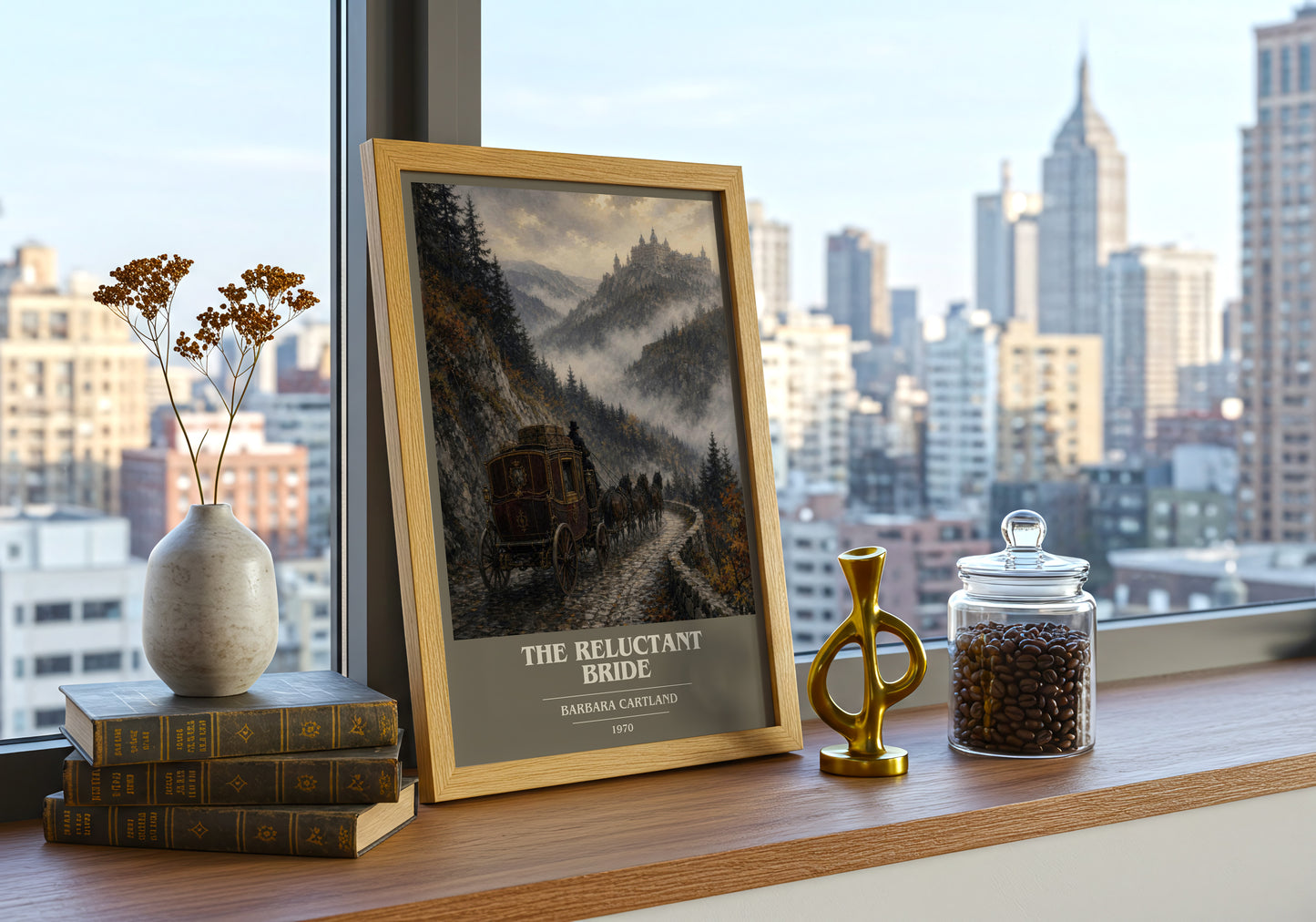 The Reluctant Bride book cover print framed by window – literary home decor