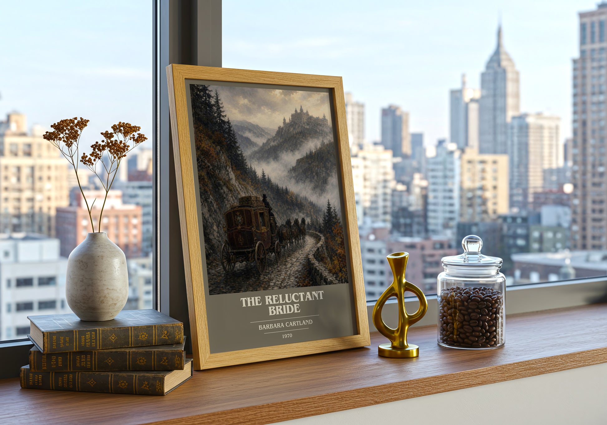 The Reluctant Bride book cover print framed by window – literary home decor