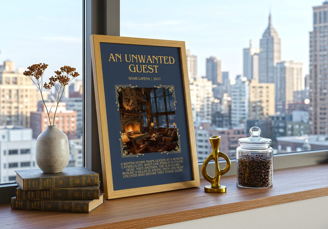 An Unwanted Guest Minimalist Book Poster by Shari Lapena – framed print on a city-view windowsill