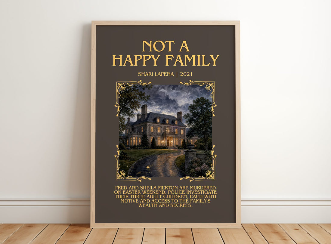 Not a Happy Family Minimalist Book Poster by Shari Lapena – framed print leaning on a wooden floor