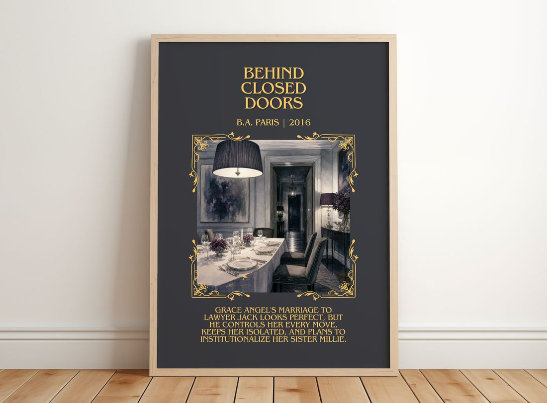 Behind Closed Doors Minimalist Book Poster by B.A. Paris – framed print leaning on a wooden floor