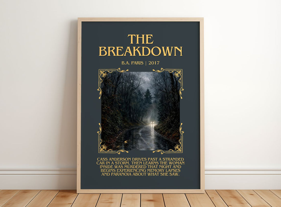 The Breakdown Minimalist Book Poster by B.A. Paris – framed print leaning on a wooden floor