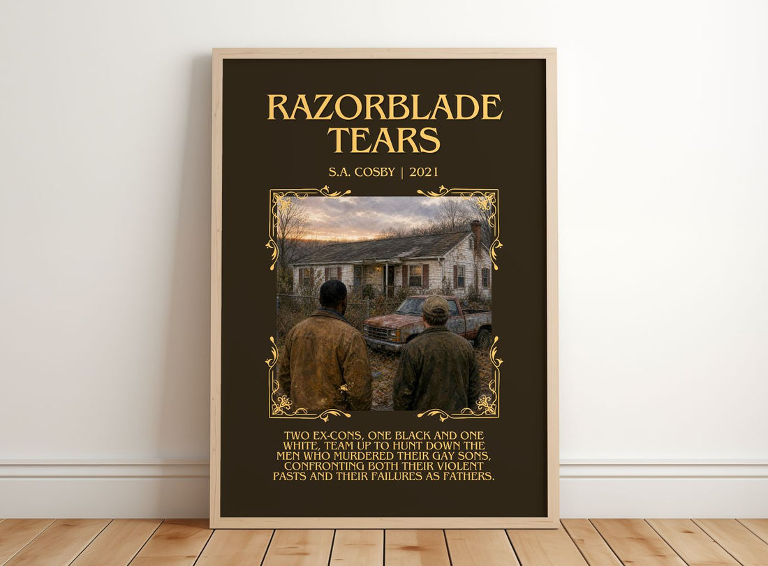Razorblade Tears Minimalist Book Poster by S.A. Cosby – framed print leaning on a wooden floor
