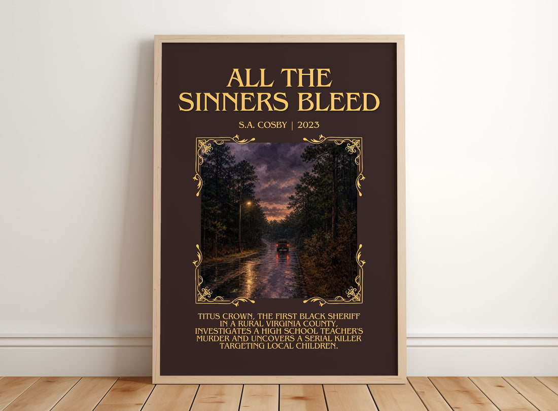 All the Sinners Bleed Minimalist Book Poster by S.A. Cosby – framed print leaning on a wooden floor