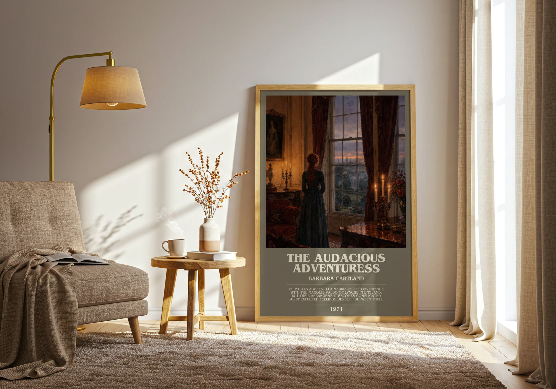 The Audacious Adventuress bookish print on bookshelf – Barbara Cartland fan gift