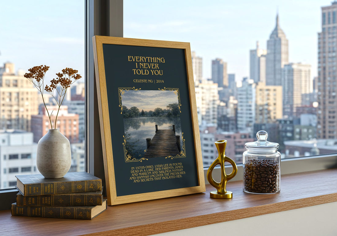 Everything I Never Told You Minimalist Book Poster by Celeste Ng – framed print on a city-view windowsill