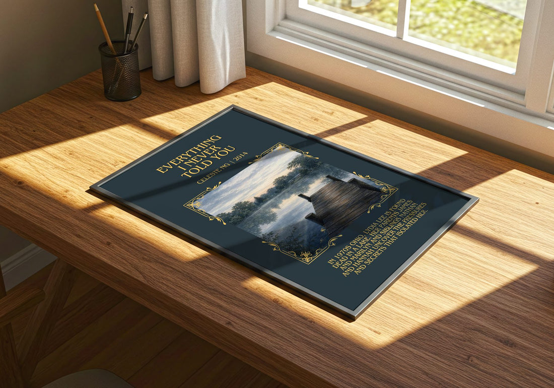 Everything I Never Told You Minimalist Book Poster by Celeste Ng – print on a sunlit desk