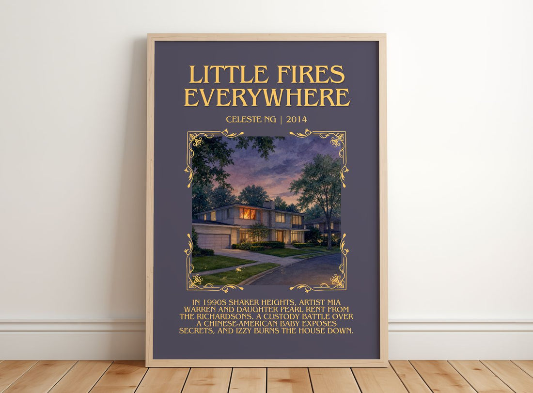 Little Fires Everywhere Minimalist Book Poster by Celeste Ng – framed print leaning on a wooden floor