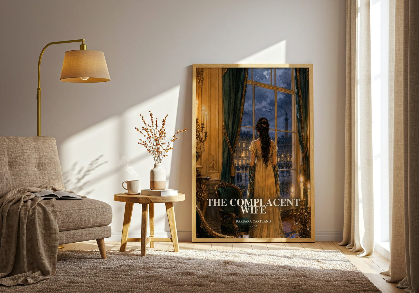 The Complacent Wife watercolour print in frame leaning in hallway – romance wall art