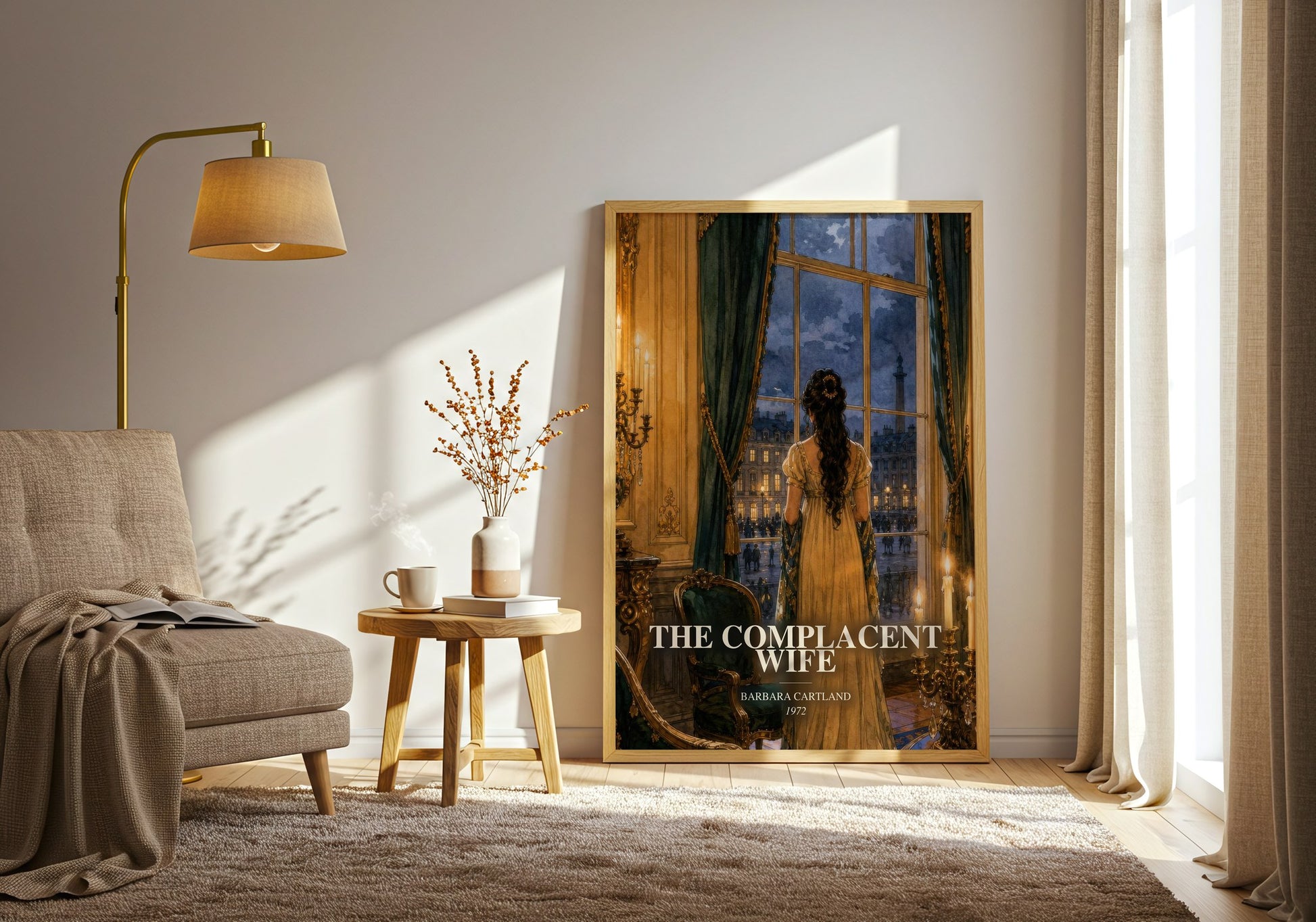 The Complacent Wife watercolour print in frame leaning in hallway – romance wall art