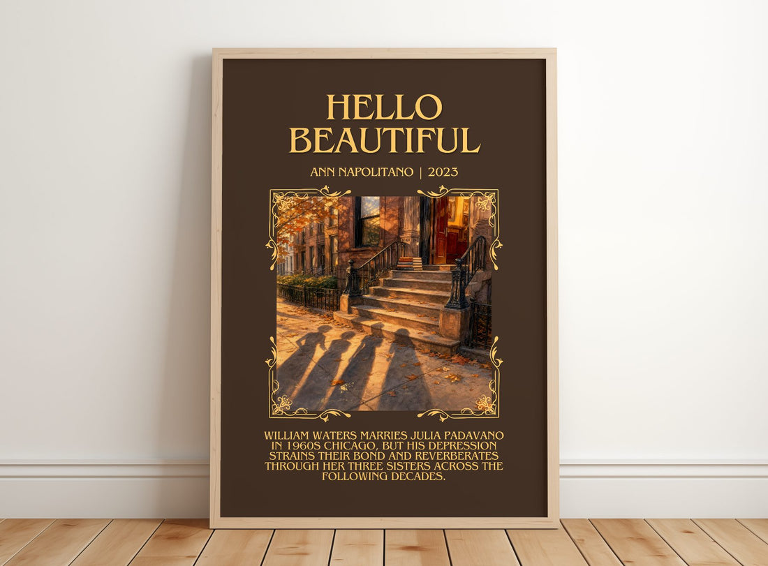 Hello Beautiful Minimalist Book Poster by Ann Napolitano – framed print leaning on a wooden floor