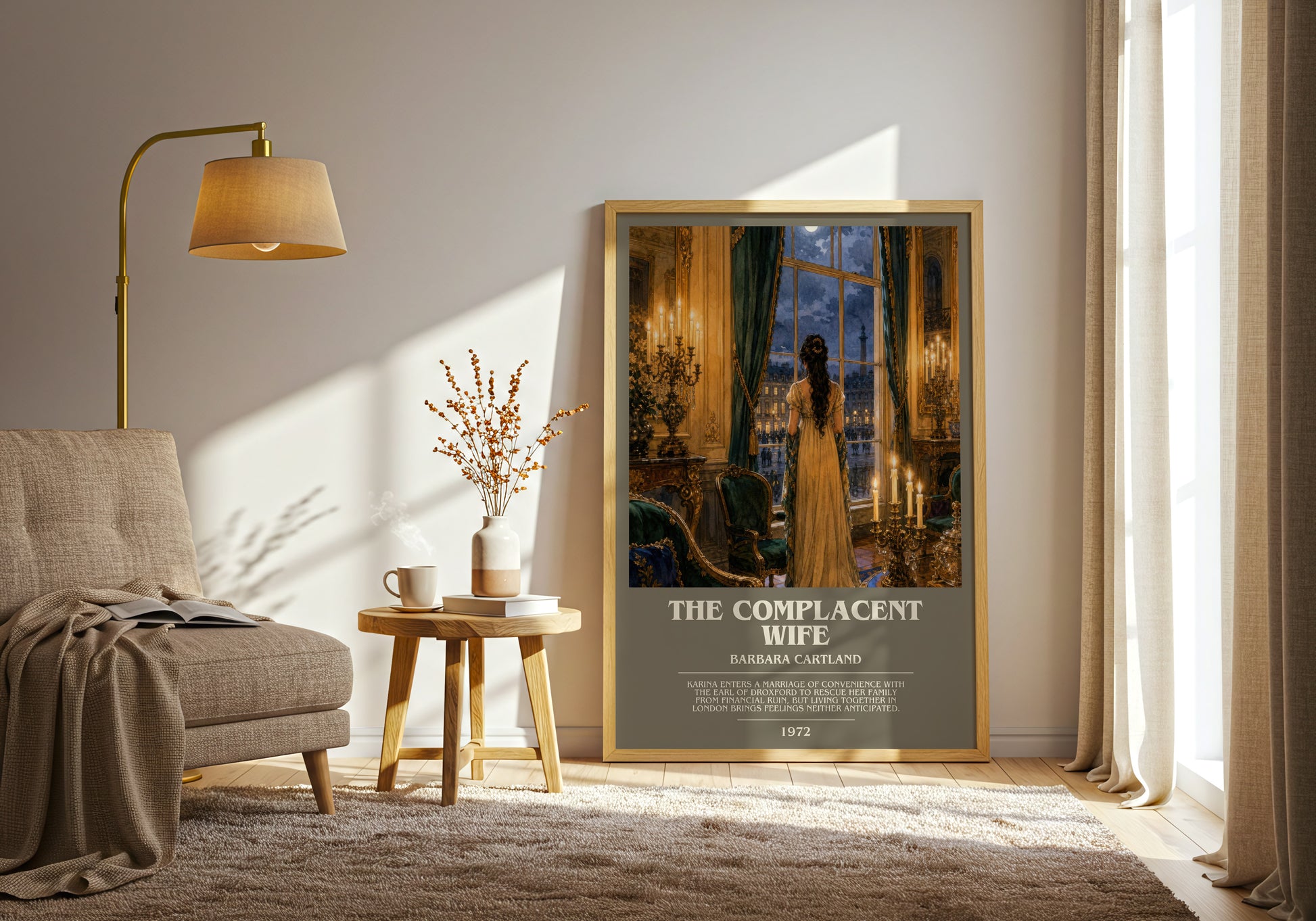 The Complacent Wife bookish print on bookshelf – Barbara Cartland fan gift