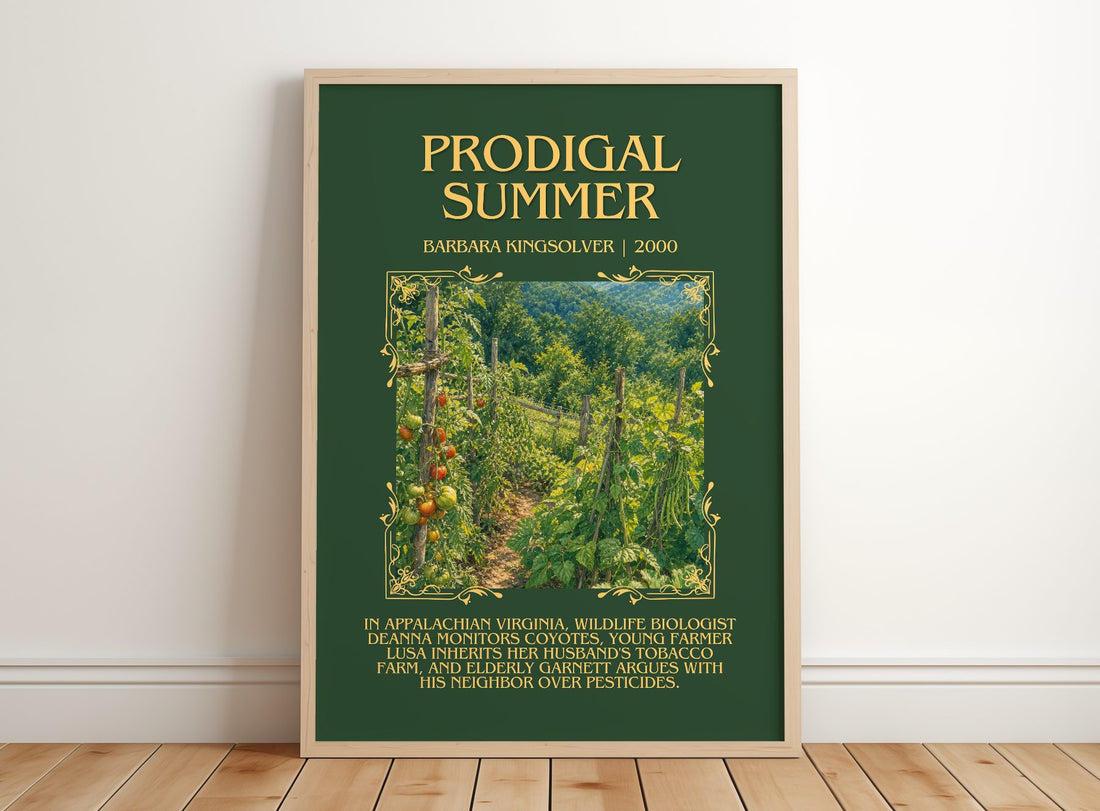 Prodigal Summer Minimalist Book Poster by Barbara Kingsolver – framed print leaning on a wooden floor