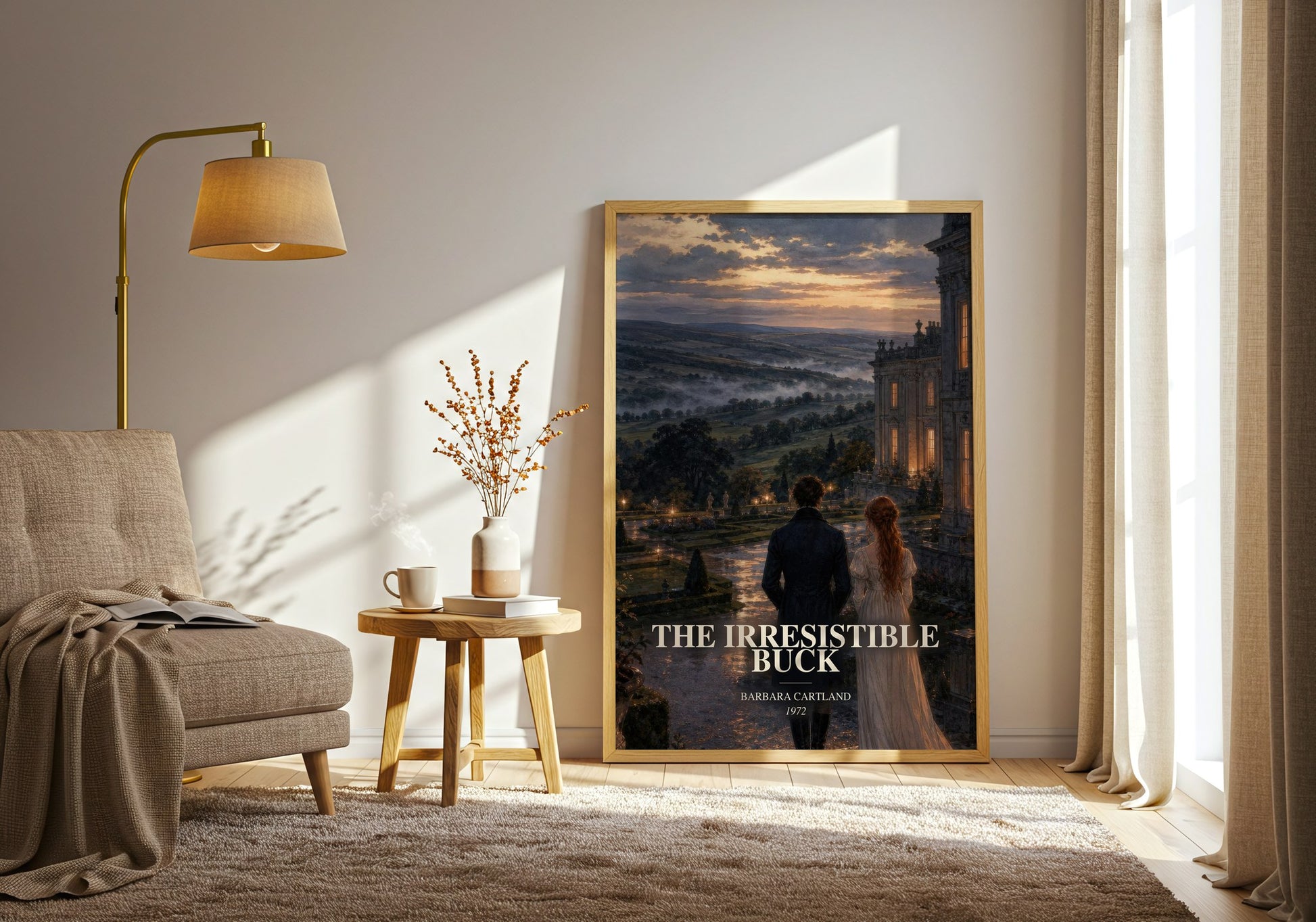 The Irresistible Buck watercolour print in frame leaning in hallway – romance wall art