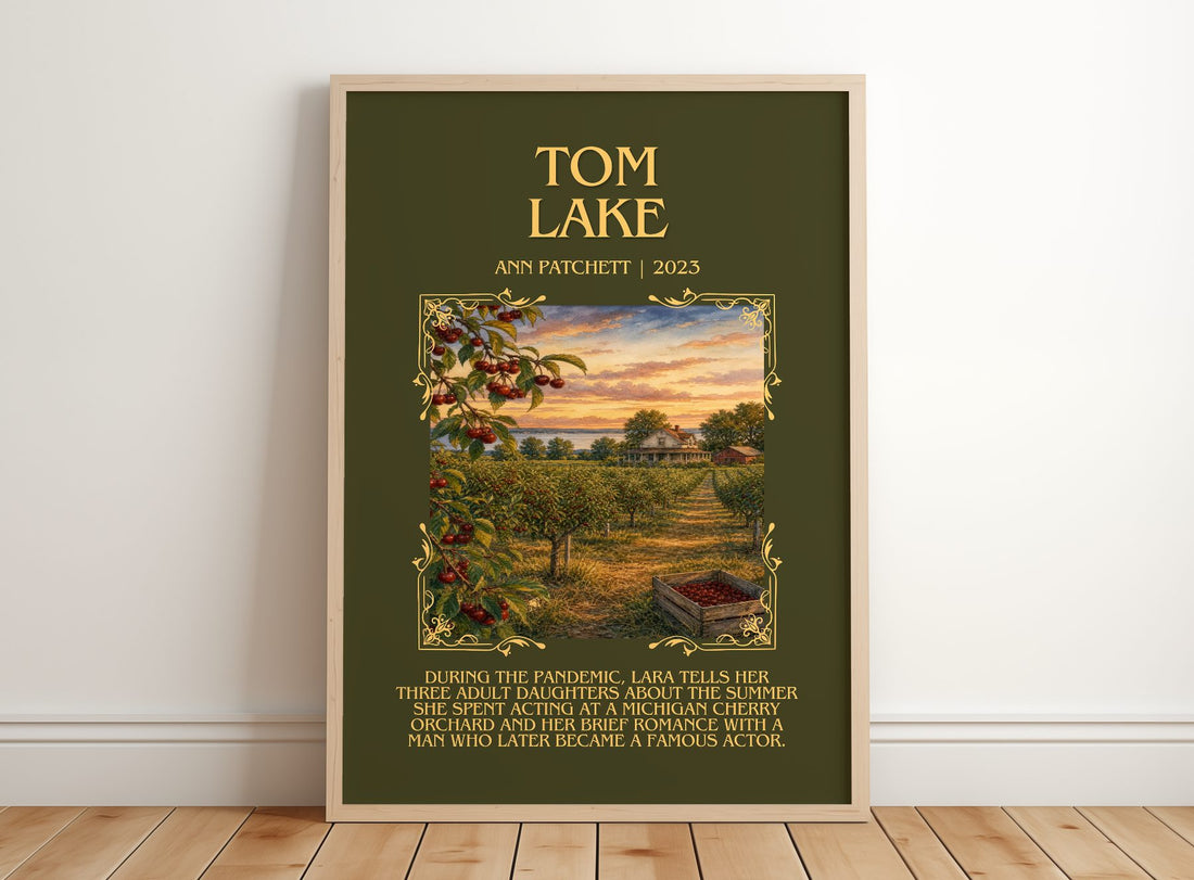 Tom Lake Minimalist Book Poster by Ann Patchett – framed print leaning on a wooden floor