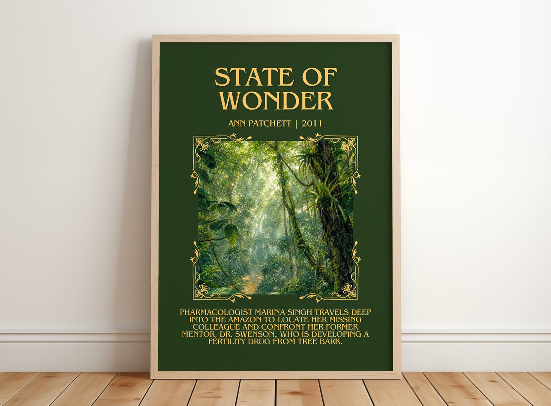 State of Wonder Minimalist Book Poster by Ann Patchett – framed print leaning on a wooden floor