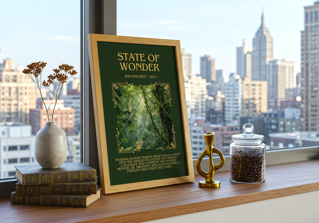 State of Wonder Minimalist Book Poster by Ann Patchett – framed print on a city-view windowsill