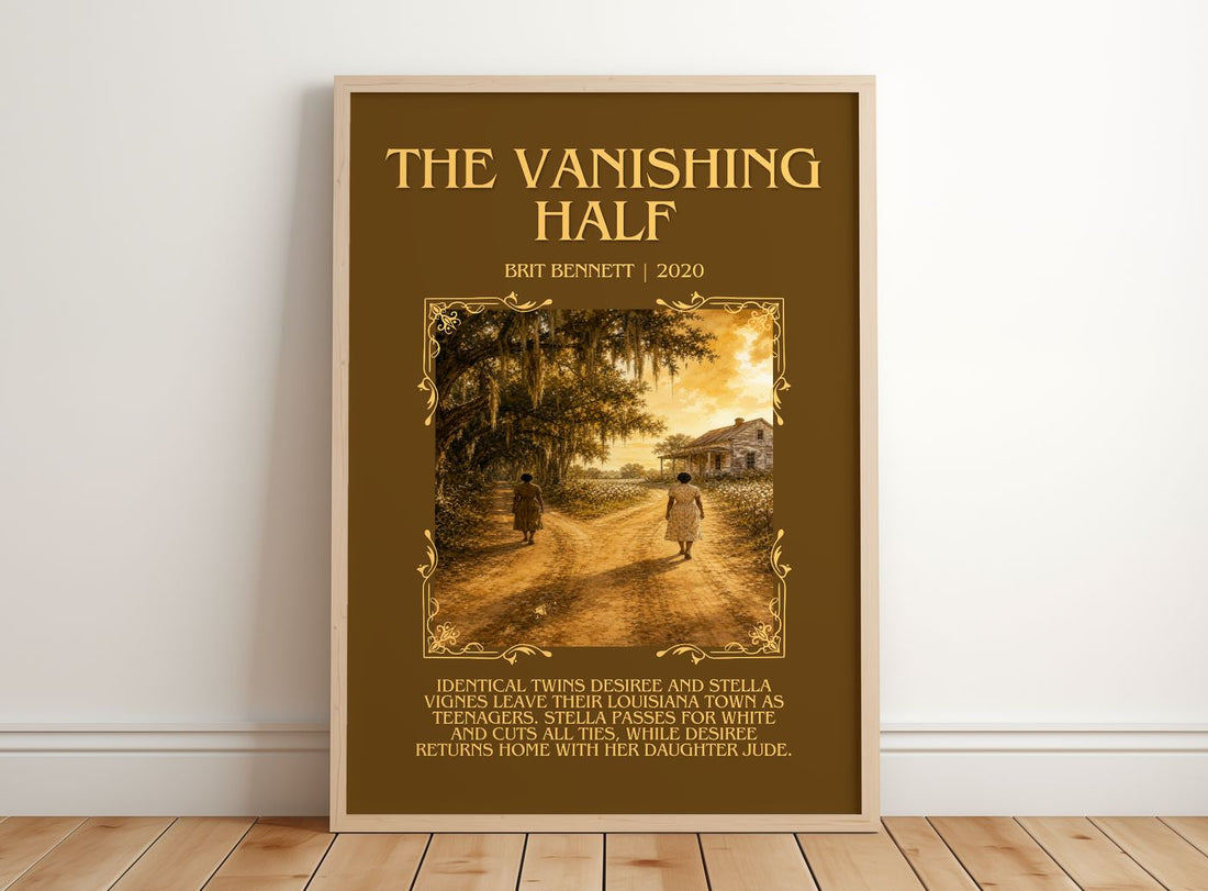 The Vanishing Half Minimalist Book Poster by Brit Bennett – framed print leaning on a wooden floor