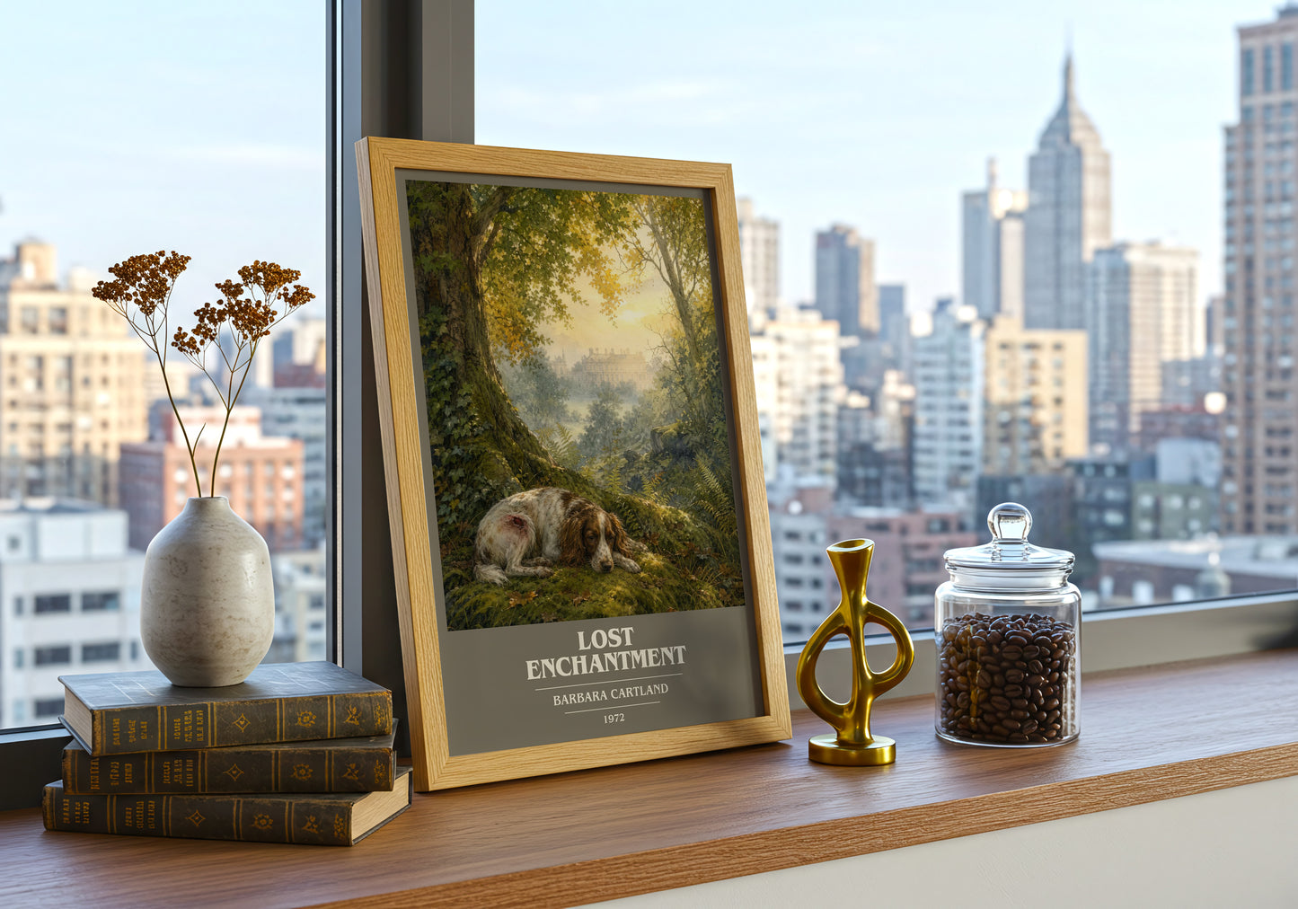 Lost Enchantment book cover print framed by window – literary home decor