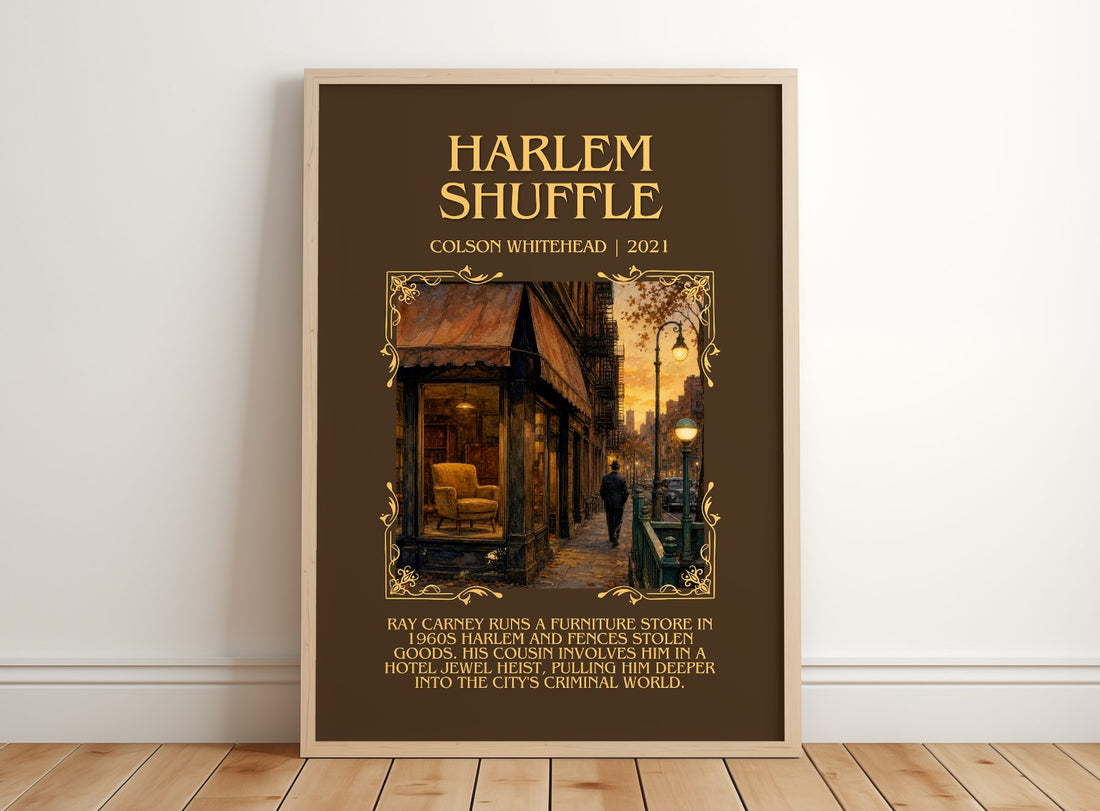 Harlem Shuffle Minimalist Book Poster by Colson Whitehead – framed print leaning on a wooden floor