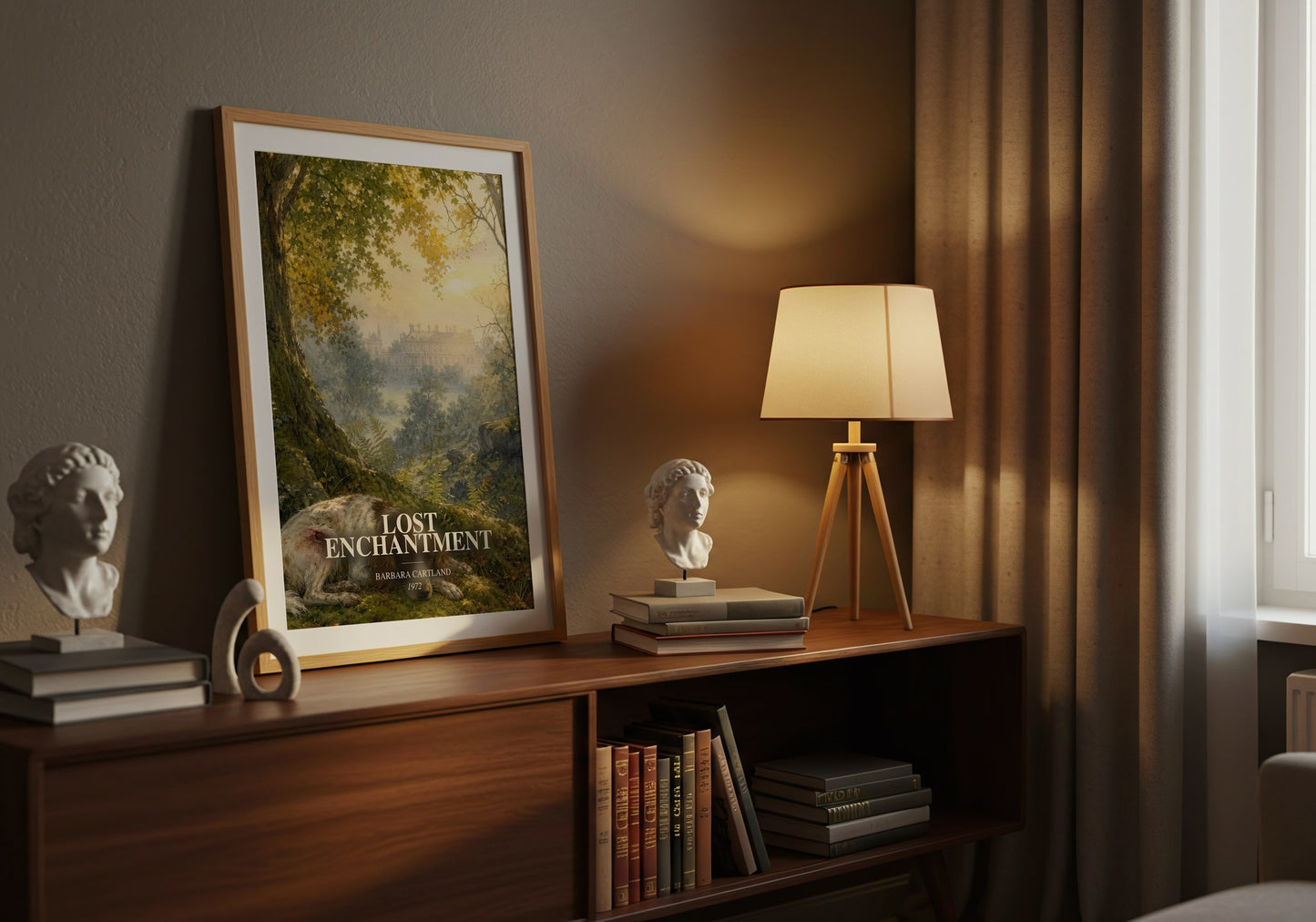 Lost Enchantment watercolour print on bookshelf – Barbara Cartland fan gift