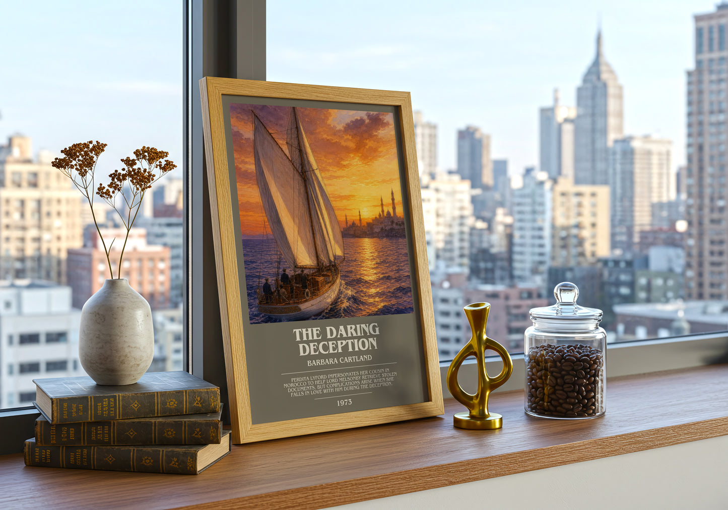The Daring Deception bookish print framed by window – literary home decor