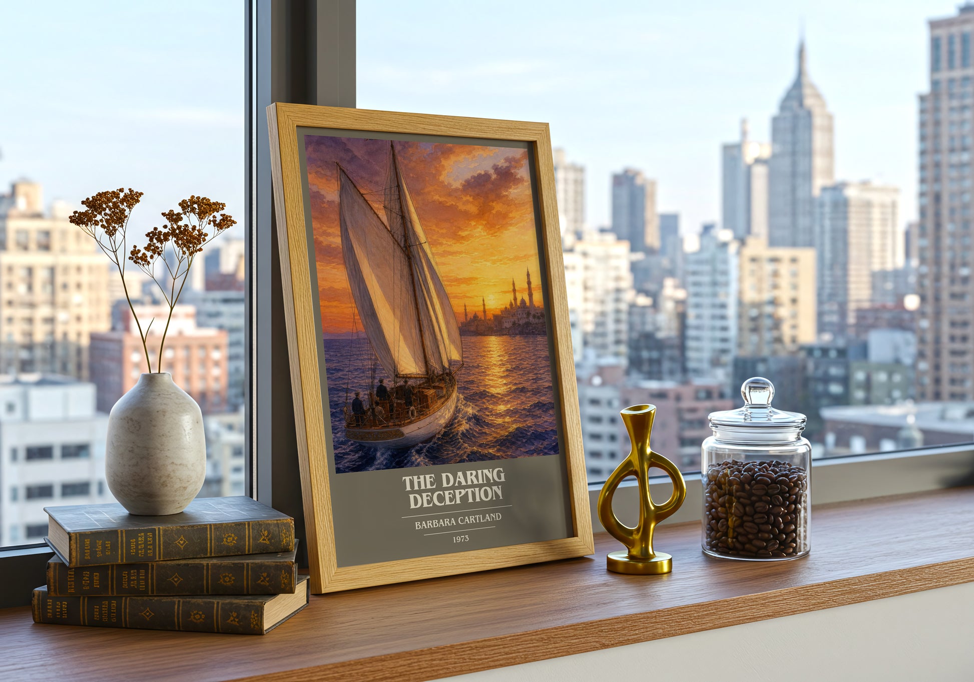 The Daring Deception book cover print framed by window – literary home decor