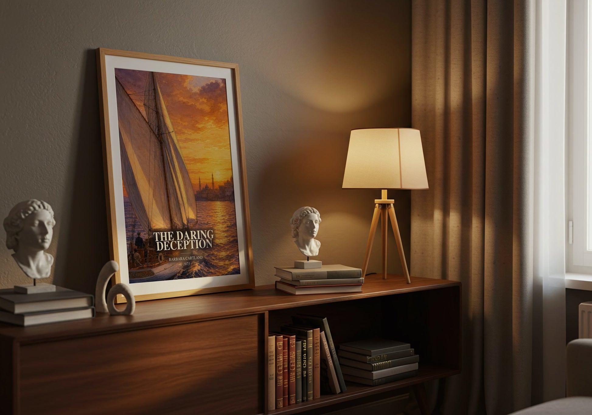 The Daring Deception watercolour print on bookshelf – Barbara Cartland fan gift