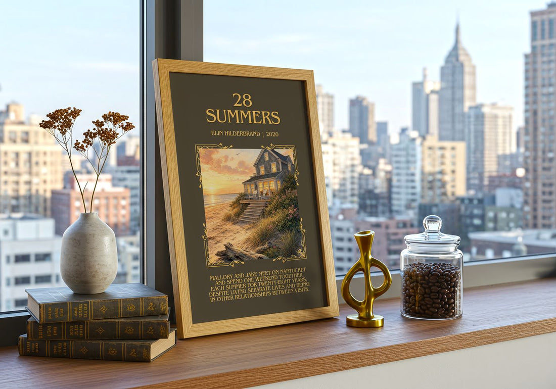 28 Summers Minimalist Book Poster by Elin Hilderbrand – framed print on a city-view windowsill