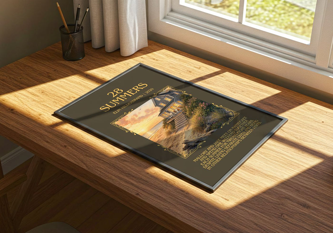 28 Summers Minimalist Book Poster by Elin Hilderbrand – print on a sunlit desk