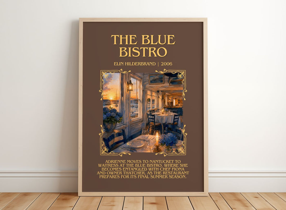 The Blue Bistro Minimalist Book Poster by Elin Hilderbrand – framed print leaning on a wooden floor