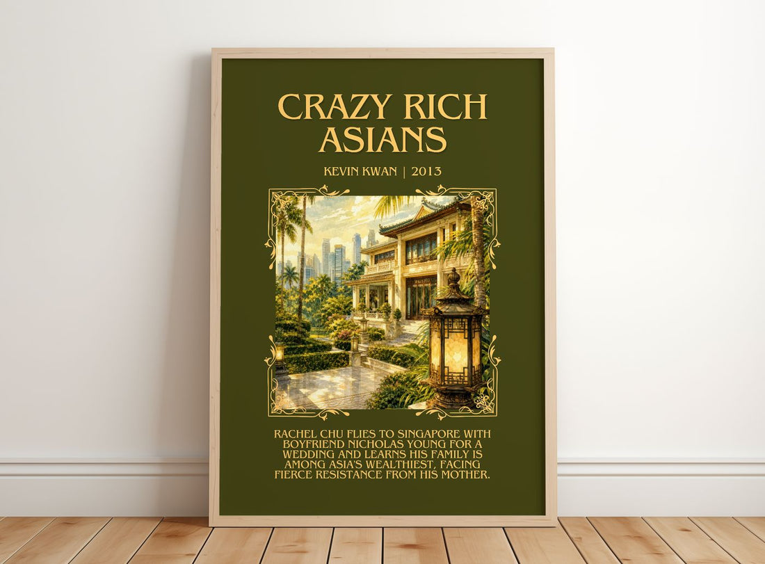 Crazy Rich Asians Minimalist Book Poster by Kevin Kwan – framed print leaning on a wooden floor