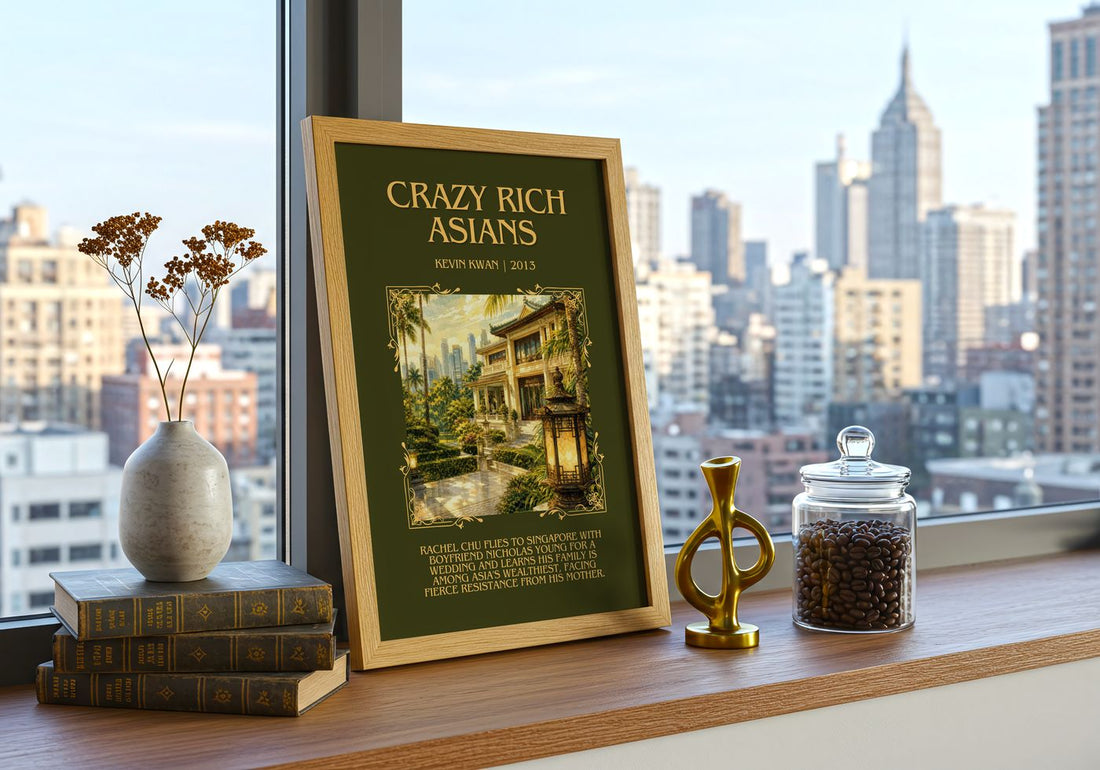 Crazy Rich Asians Minimalist Book Poster by Kevin Kwan – framed print on a city-view windowsill