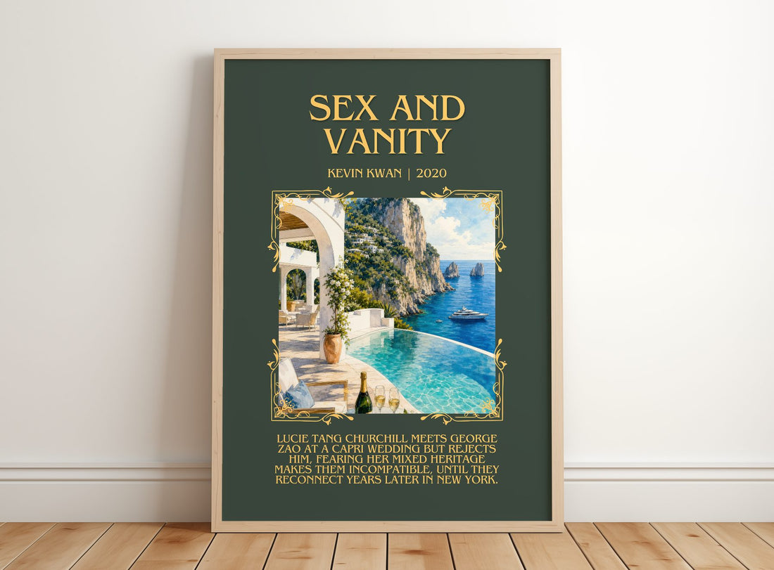 Sex and Vanity Minimalist Book Poster by Kevin Kwan – framed print leaning on a wooden floor