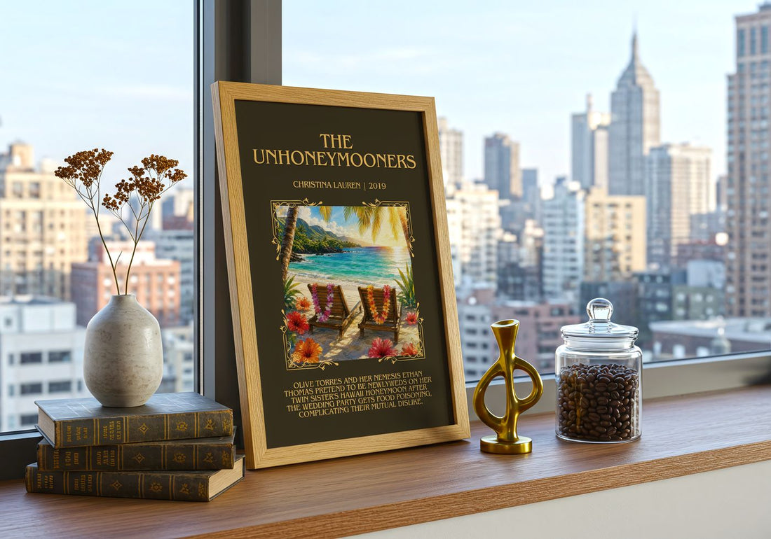 The Unhoneymooners Minimalist Book Poster by Christina Lauren – framed print on a city-view windowsill