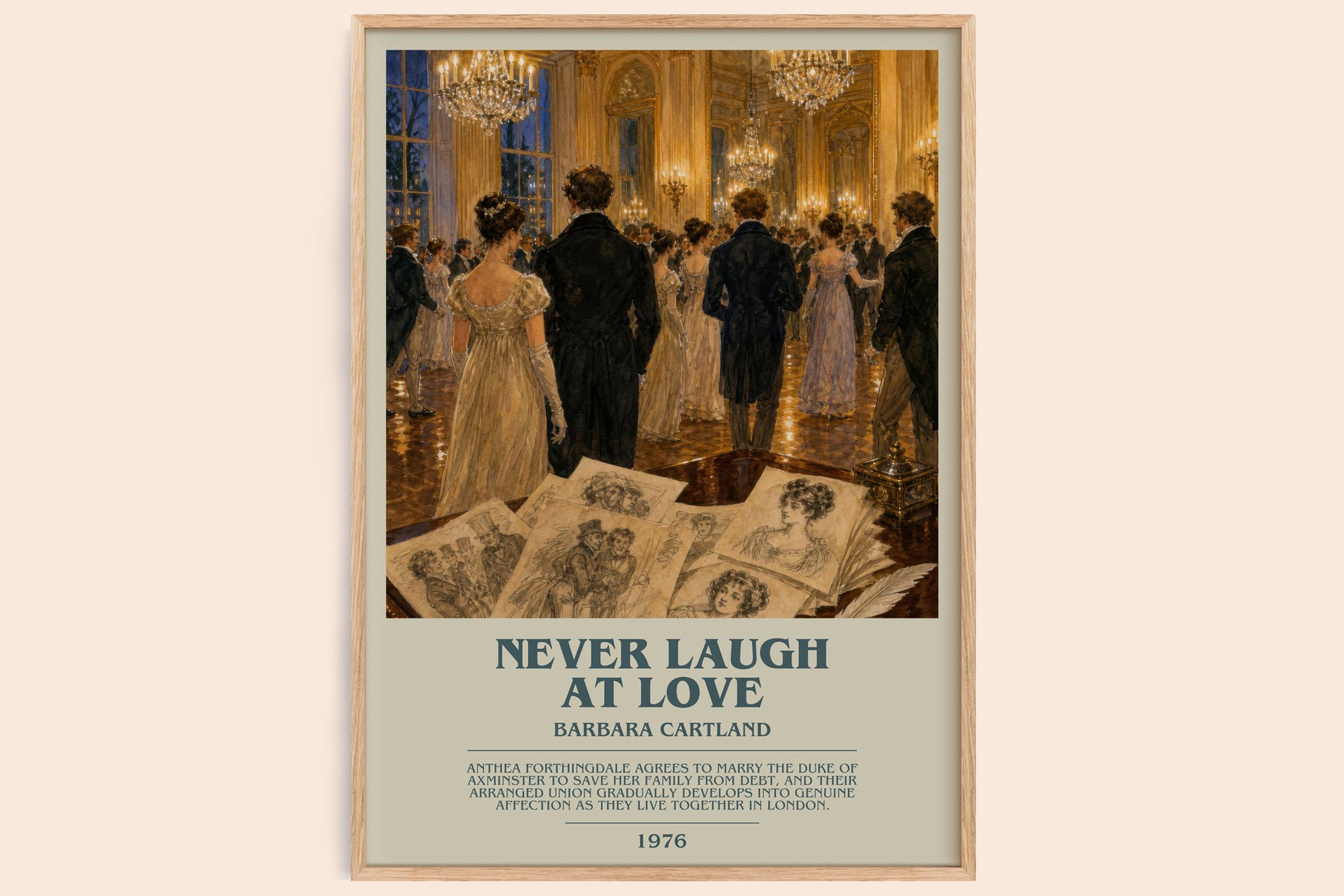 Never Laugh At Love bookish book poster by Barbara Cartland – framed literary art print