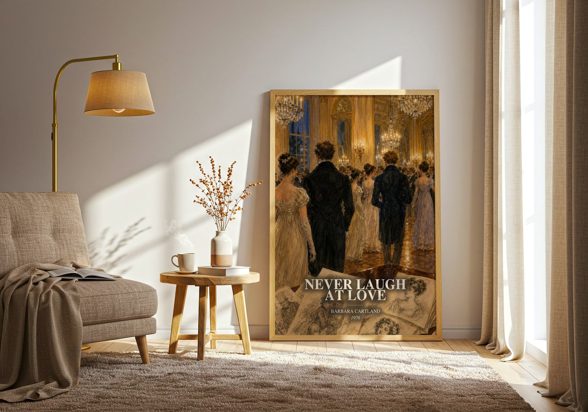 Never Laugh At Love watercolour print in frame leaning in hallway – romance wall art