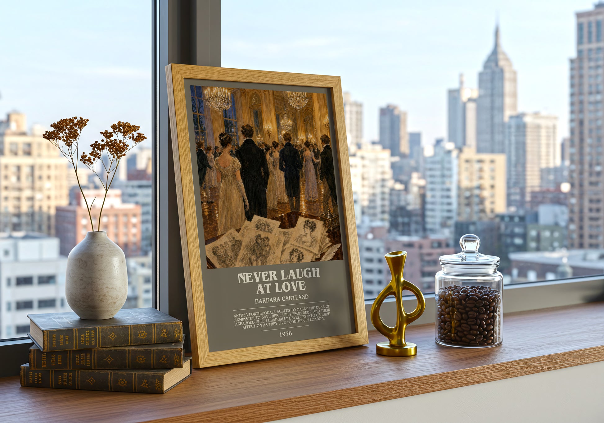Never Laugh At Love bookish print framed by window – literary home decor