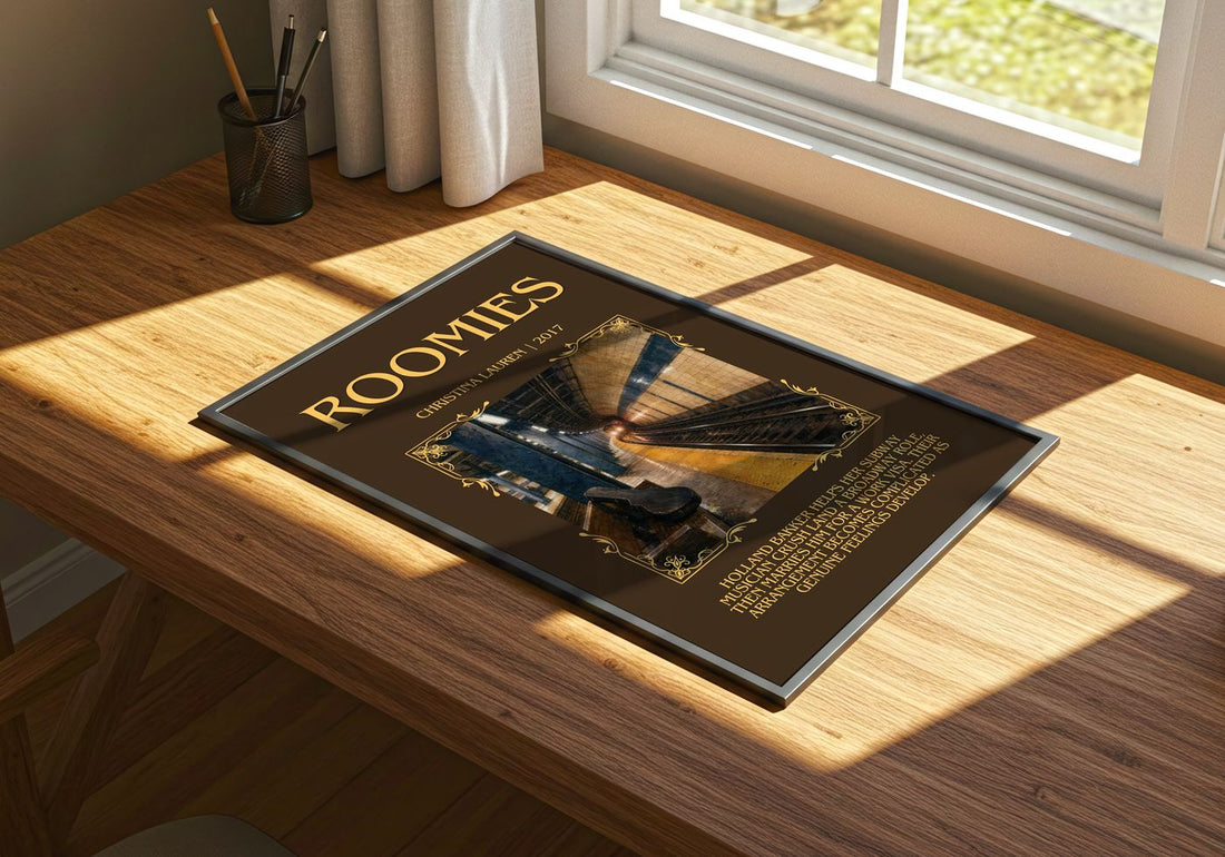 Roomies Minimalist Book Poster by Christina Lauren – print on a sunlit desk