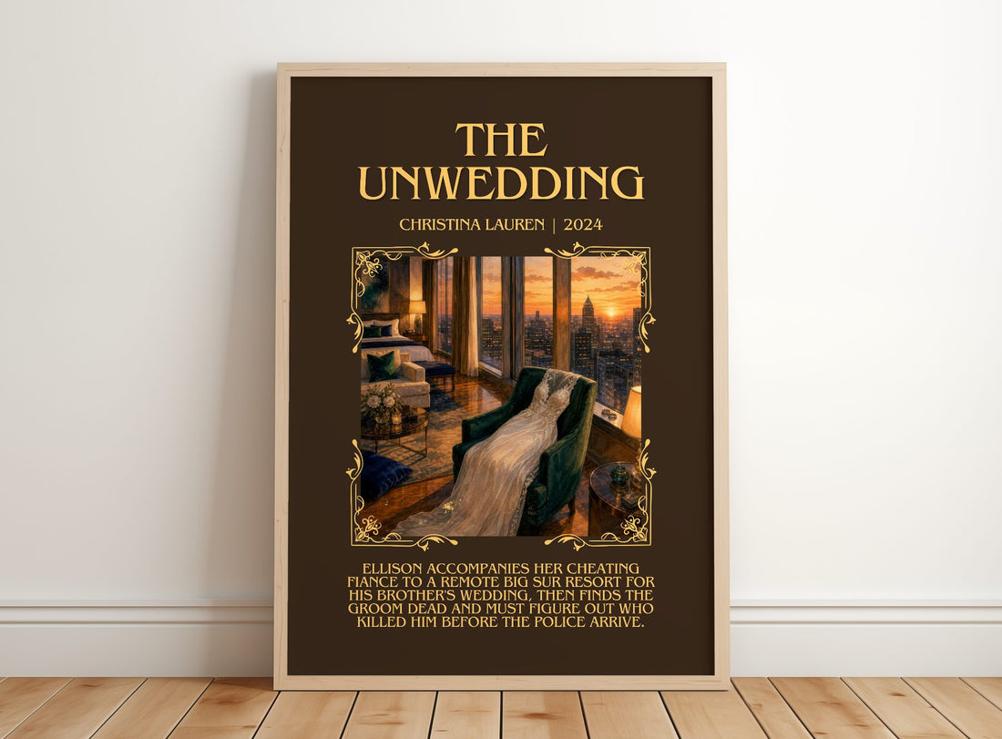 The Unwedding Minimalist Book Poster by Christina Lauren – framed print leaning on a wooden floor