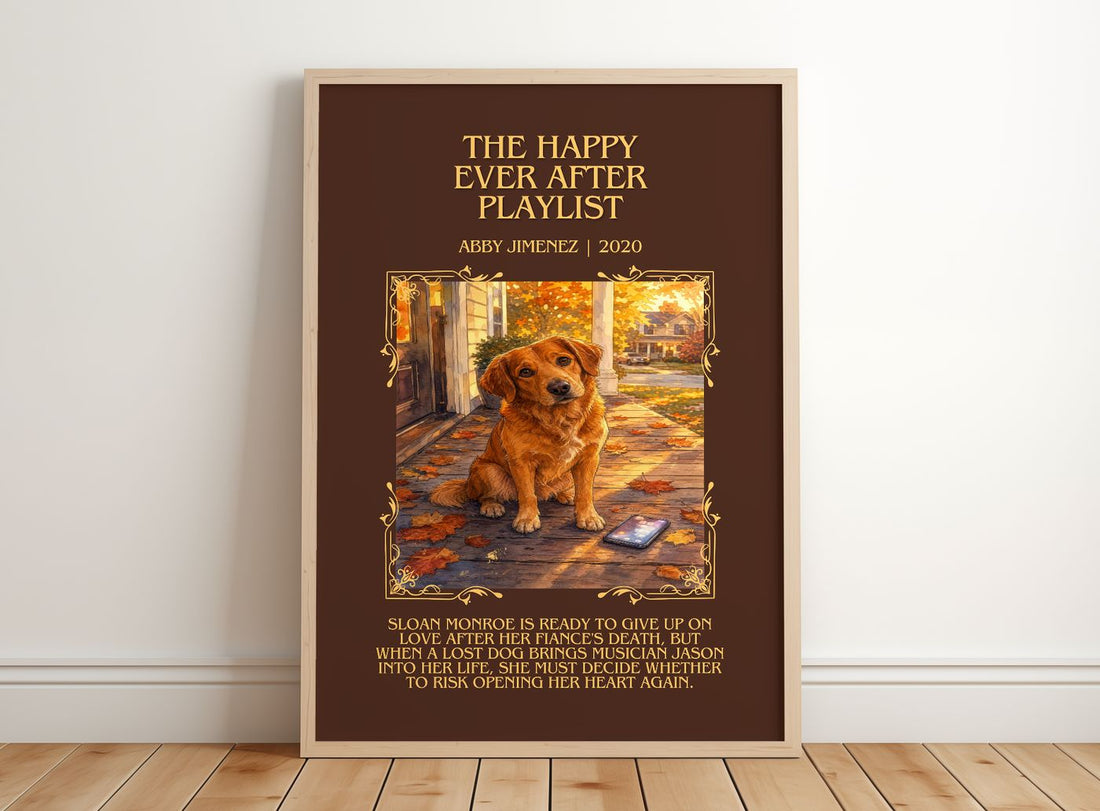 The Happy Ever After Playlist Minimalist Book Poster by Abby Jimenez – framed print leaning on a wooden floor