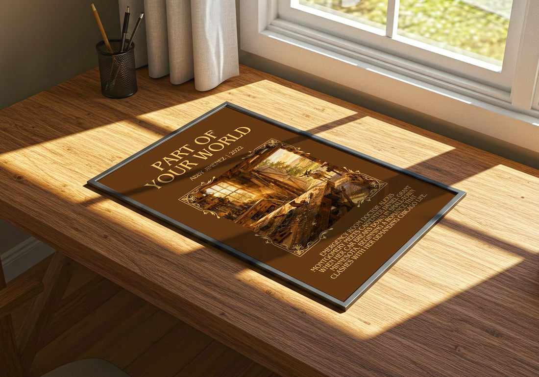 Part of Your World Minimalist Book Poster by Abby Jimenez – print on a sunlit desk