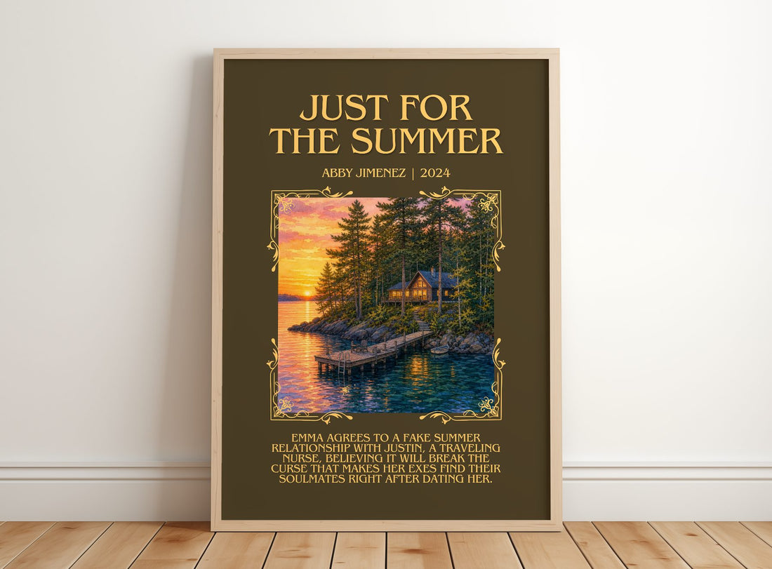 Just for the Summer Minimalist Book Poster by Abby Jimenez – framed print leaning on a wooden floor