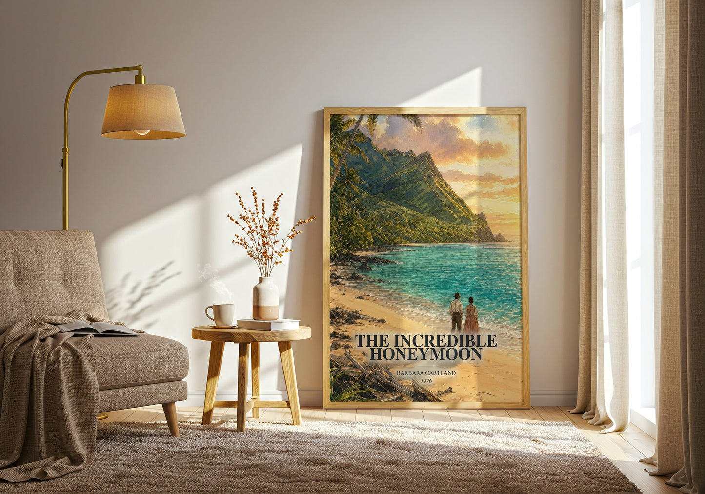 The Incredible Honeymoon watercolour print in frame leaning in hallway – romance wall art