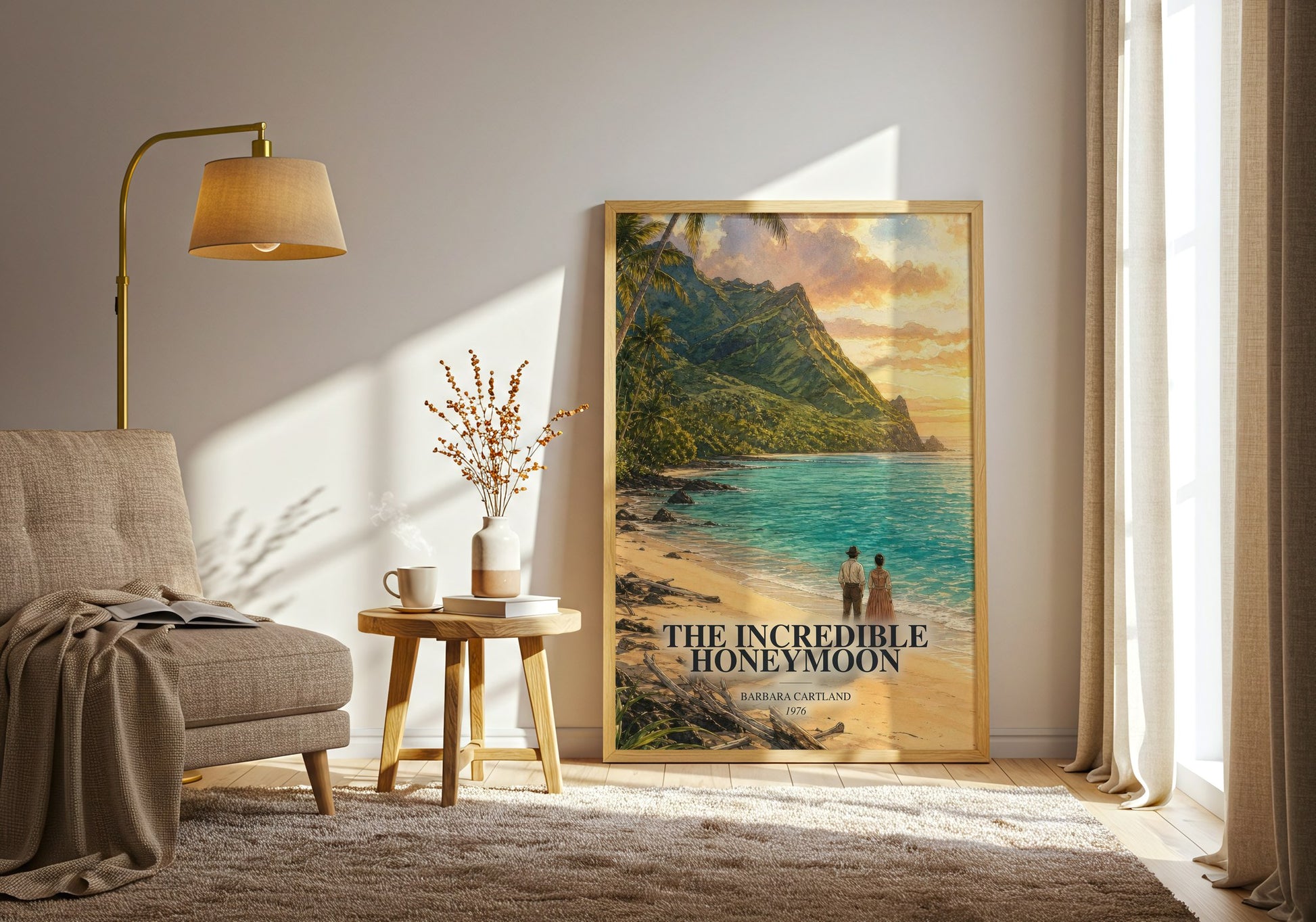 The Incredible Honeymoon watercolour print in frame leaning in hallway – romance wall art