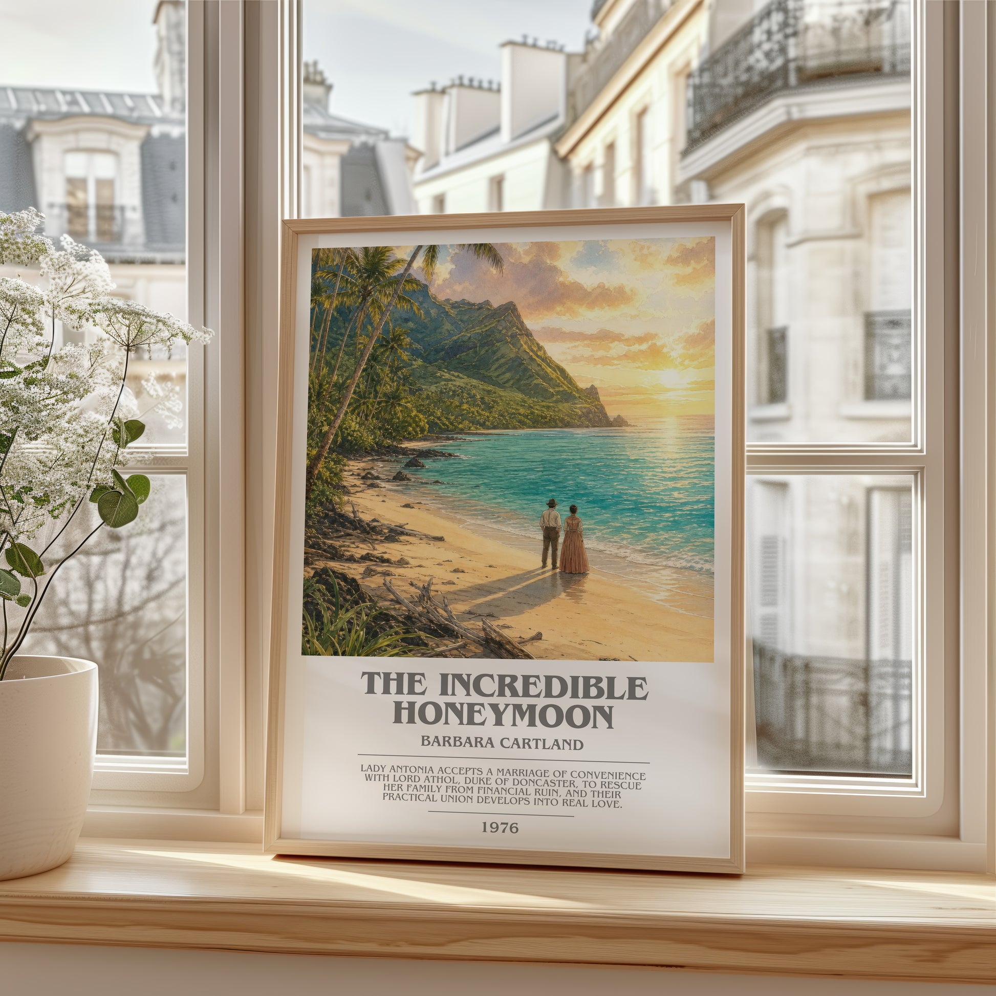 The Incredible Honeymoon bookish poster colour and style options – Barbara Cartland book art