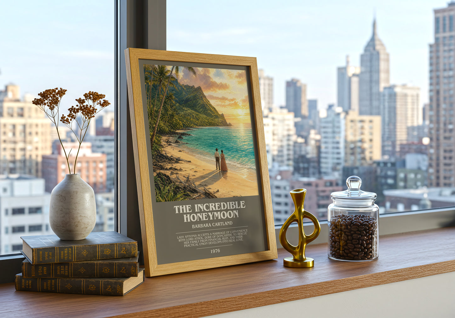 The Incredible Honeymoon bookish print framed by window – literary home decor