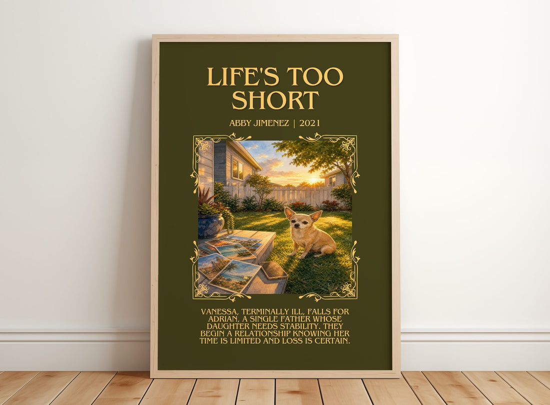 Life's Too Short Minimalist Book Poster by Abby Jimenez – framed print leaning on a wooden floor