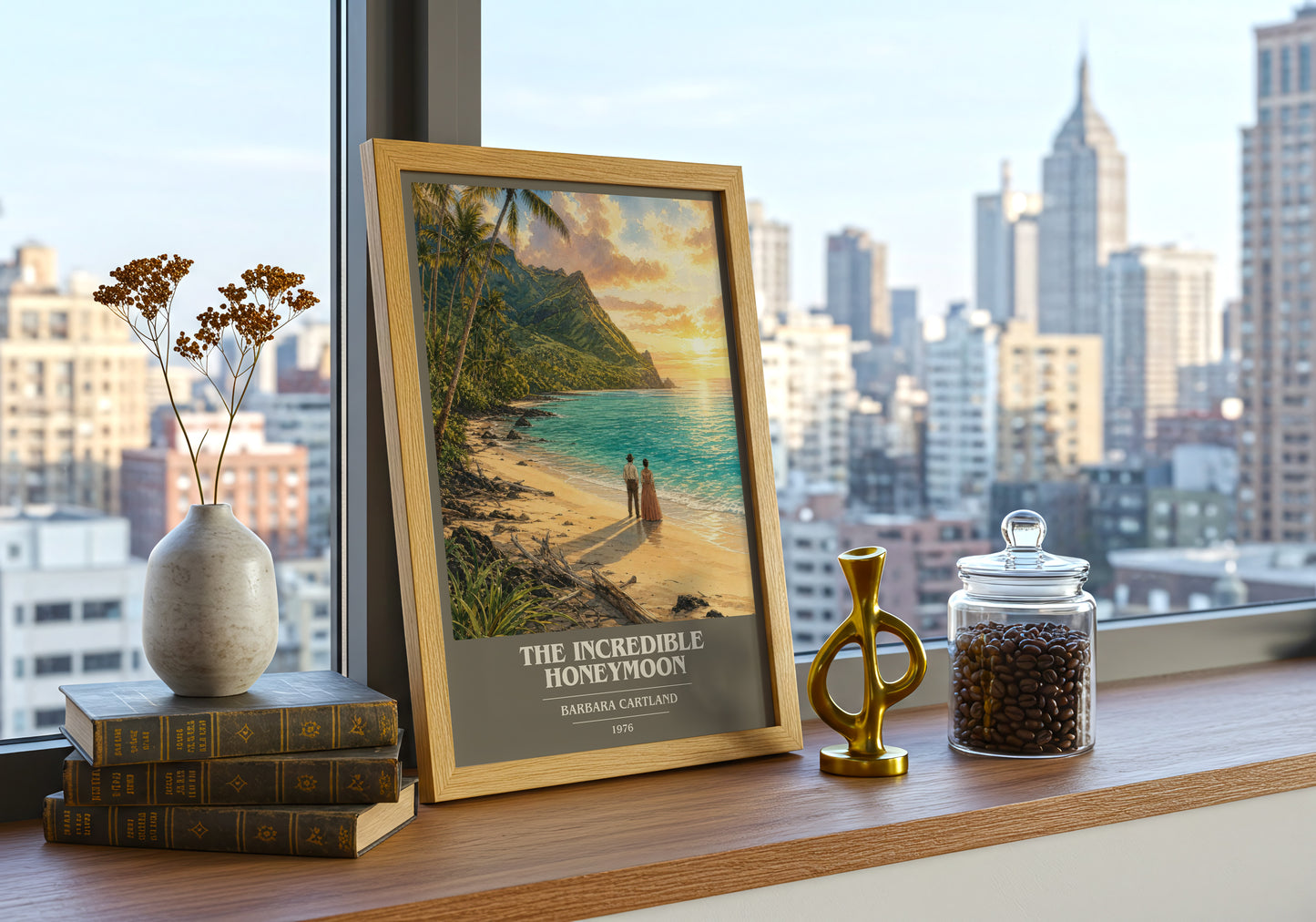 The Incredible Honeymoon book cover print framed by window – literary home decor