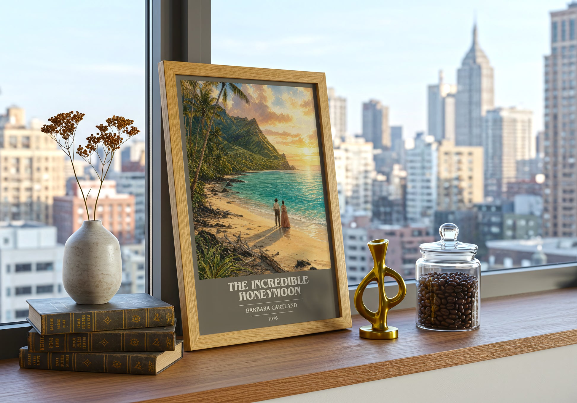 The Incredible Honeymoon book cover print framed by window – literary home decor